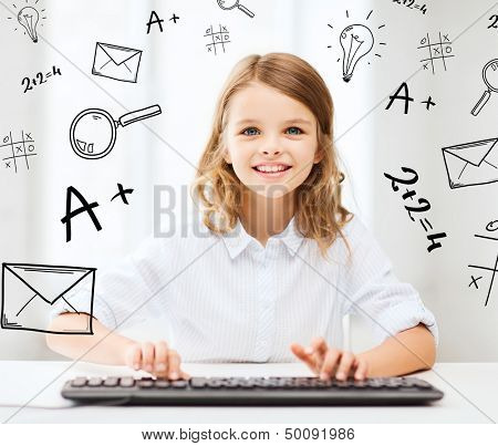 education, school and future technology concept - little student girl with keyboard and imaginary screen at school