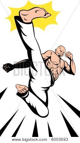 Uomo volante e facendo un alto karate calci