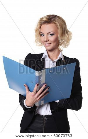 sexy business woman with a book isolated on white background