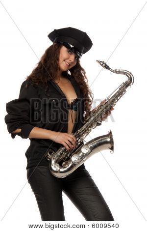Guarda de segurança sexy com saxofone