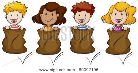 Illustration of the four kids jumping inside the sack on a white background