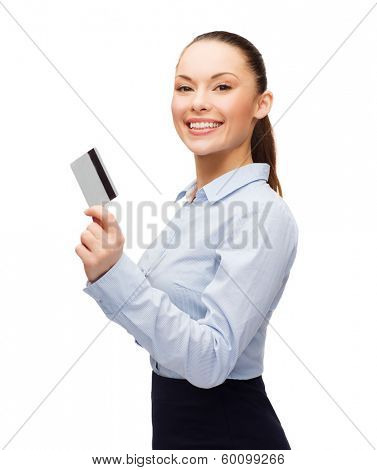business and bank concept - smiling businesswoman showing credit card