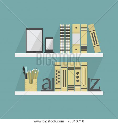 Close up of shelves with some books and accessories - Flat design