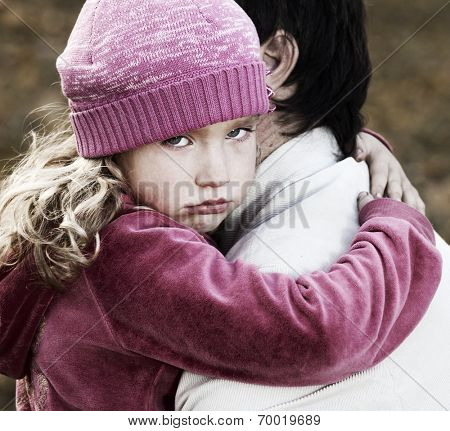 Dad pitying daughter. Sad child with father