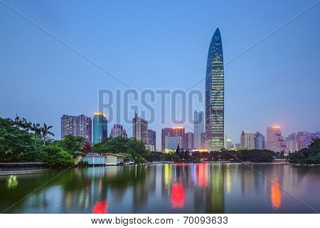 Shenzhen, China city skyline at twilight.