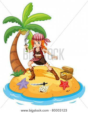 Illustration of a female pirate on an island