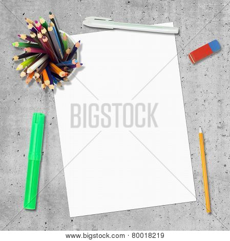 Blank paper, pen, pencils and erasure