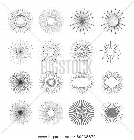 Geometric Shapes And Light Ray. Sunbusrt Set For Vintage And Retro Logo