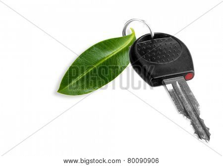 Car key with green leaf trinket isolated on white
