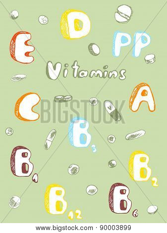 Vitamins And Pills In The Sketch Style, Colors