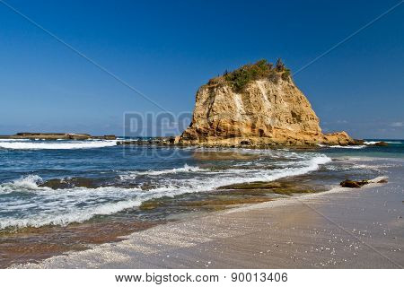 Beautiful paradisiac landscape of islet in front of beach Machalilla National Park, Ecuador