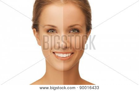 beauty and health concept - beautiful woman with half face tanned