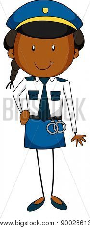 Happy policewoman in the uniform with handcuff