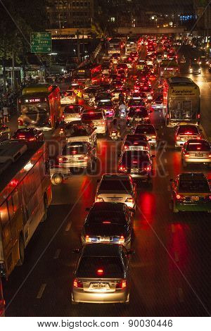 Traffic At Main Road In Bangkok At Night