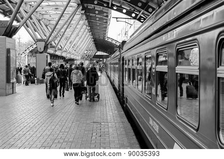 MOSCOW - OCTOBER 02: Aeroexpress Train in Moscow Domodedovo Airport October 02, 2010 in Moscow, Russia. Aeroexpress trains make trips to Moscow Domodedovo Airport daily, according to the timetable