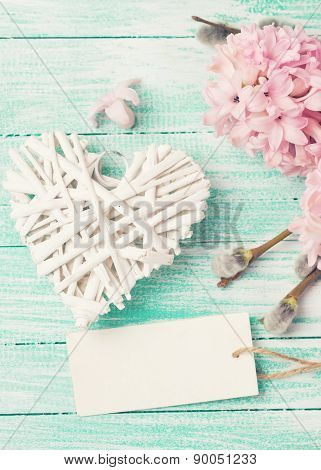Postcard With Hyacynths, Willow , Heart And Empty Tag