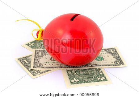 Red balloon piggy Bank with one dollar