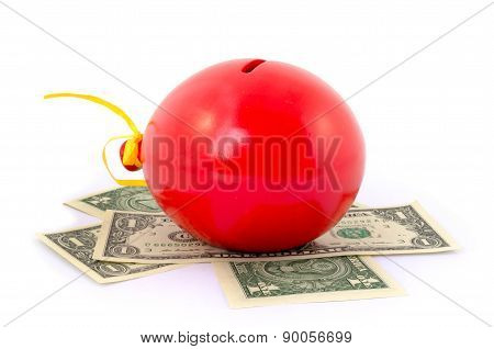Red balloon piggy Bank with one dollar