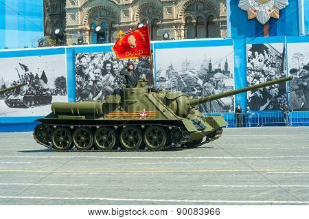 MOSCOW - MAY 7: Tank T34 participates at last rehearsal of the parade dedicated to the 70th anniversary of the victory in the Second World War in Red Square on May 7, 2015 in Moscow