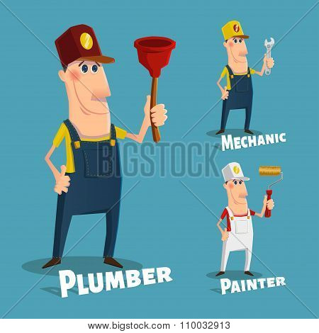 Hand Drawn Plumber,painter And Mechanic Characters