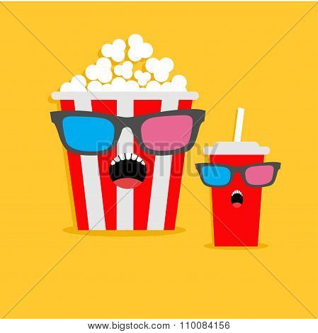 Popcorn Box And Soda Glass Screaming Characters In 3D Glasses. Cinema Icon Flat Design Style.