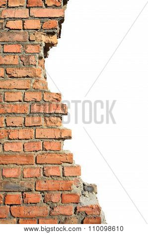 Half Ruined Brick Wall On A White Background