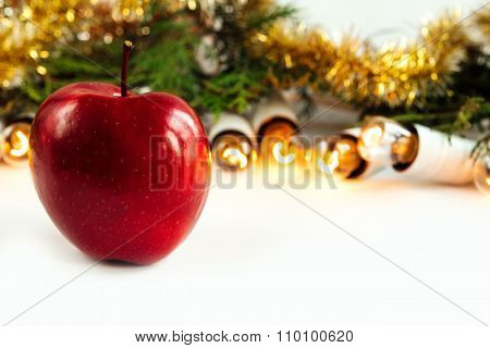 Green Branches Of Cedar Or Fir And Amazing Beautiful Christmas Golden Vintage Garland Lights  And Ap