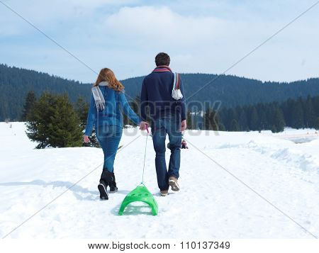romantic winter  scene, happy young couple having fun on fresh show on winter vacatio, mountain nature landscape