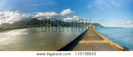 Widescreen Panorama Of Hanalei Bay And Pier On Kauai Hawaii