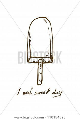 Illustration Of Ice Cream On A Stick. Ice Cream With A Wish. Black And White Postcard.