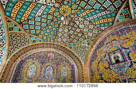 Colorful Tiled Ceiling Of The Historical Terrace In The Qajar Royal Dinasty Golestan Palace, Tehran