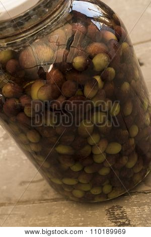 Olive In Brin, Italian Traditional Recipe. Olives In Glass.