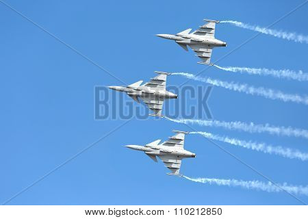 Nakhonratchasima, THAILAND November 27, 2015 : F16 Gripen and August 1st Aerobatic team