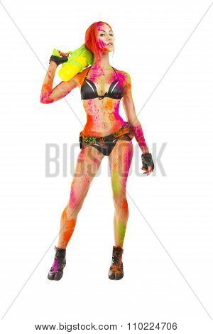 Happy Holi Festival! Holi Celebration Party - Beautiful Sexy Girl In Bikini With Toy Gun Colored Mul