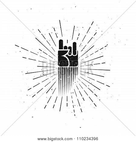 Vintage Rock and Roll Label on black background. Horn Hand.