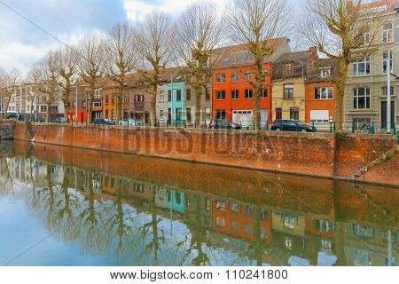 River Leie and colored houses in Ghent, Belgium