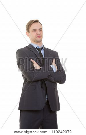 body language. man in business suit isolated white background. Training managers. sales agents gestu