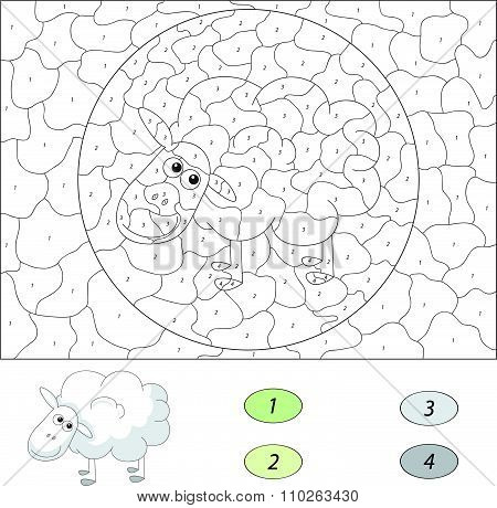 Color By Number Educational Game For Kids. Cute Lamb (ram, Sheep, Mutton). Vector Illustration