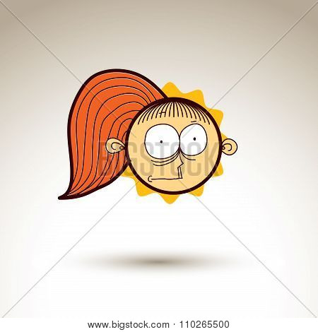 Vector Simple Illustration Of Cartoon Girl Isolated On White Background, Hand Drawn Design Element,