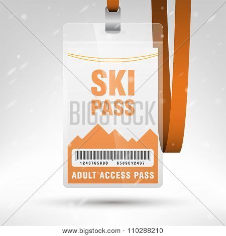 Ski Pass Vector Illustration. Blank Ski Pass Template With Barcode In Plastic Holder With Orange Lan