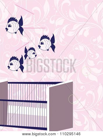 Vintage baby shower invitation card with ornate elegant retro abstract floral design, blue on pink with baby crib with fish mobile. Vector illustration.