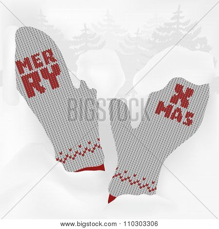 Cuddly Christmas Card With Gray Knitted Mittens In Retro Style