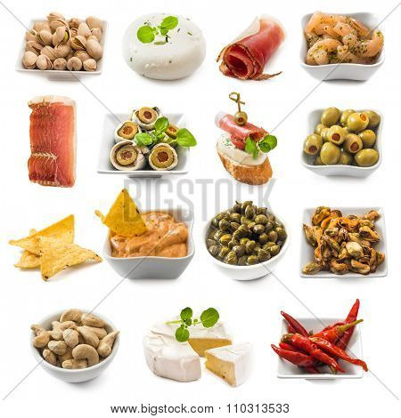 photo collage of spanish tapas  isolated on white background