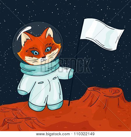 Vector Hand Drawn Printable Illustration Of Fox Astronaut With Flag On The Mars