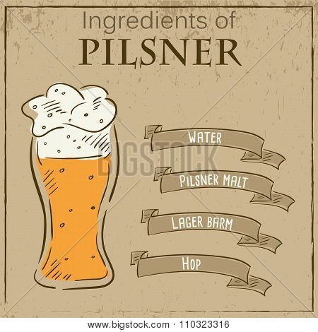 Vector vintage illustration of card with recipe of pilsner beer. Ingredients are written on ribbons