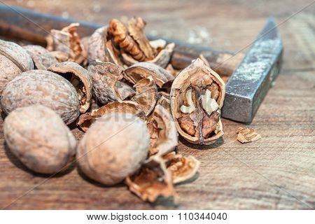 Walnuts on wooden table