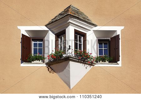 The Ancient Traditional Window In Historic Medieval Old Town. Zuoz