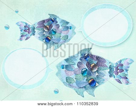Art Blue Fishes With Scales As An Leaves. Hand Drawn Illustration. Floral Fishes With Speech Bubbles