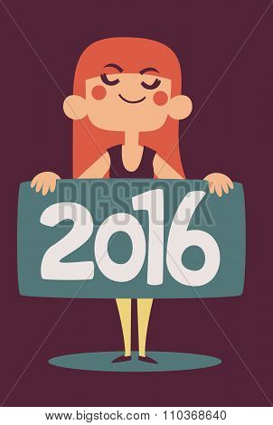 Cartoon Girl Celebrating Holding A 2016 New Year Sign