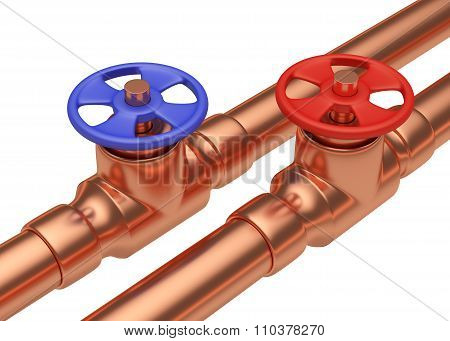 Blue And Red Valves On Copper Pipes Diagonal View